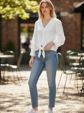 CHARLIE B White Front Tie Roll Tab Sleeve Linen Rayon Tunic XL